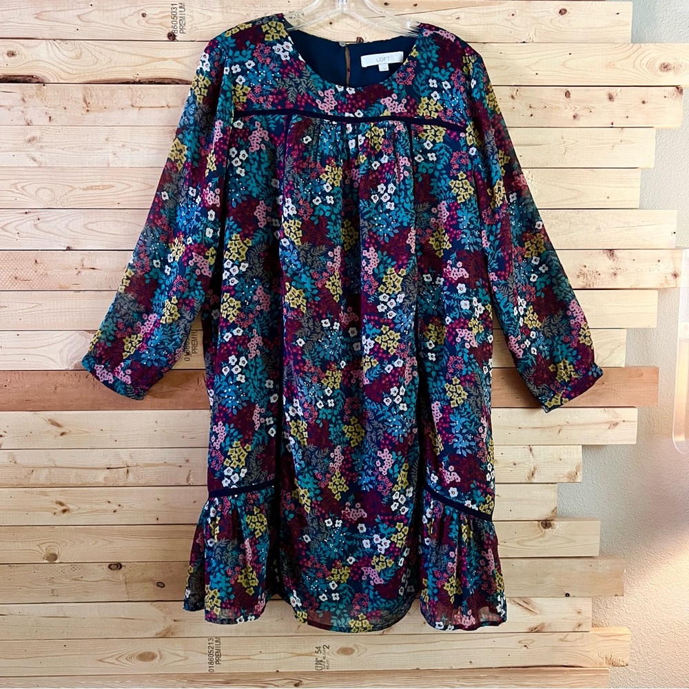LOFT Wildflowers Print Long sleeve Babydoll Mini Shift Dress Size L